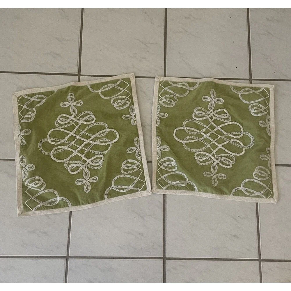 Vintage Pier 1 Two throw pillow covers Embrideref Beaded Light Green 16x16”